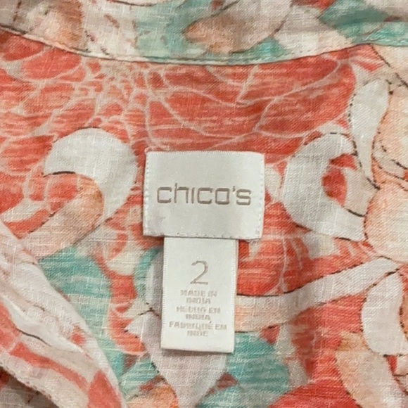 Chico's 100% Linen Floral Button-Down Shirt Beachy Coral Mint Blue Size Large/2 - Picture 2 of 9